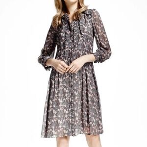 Brooks Brothers 100% Silk Floral Ruffle Long Sleeve Shirt Dress Womens Sz 6 Grey